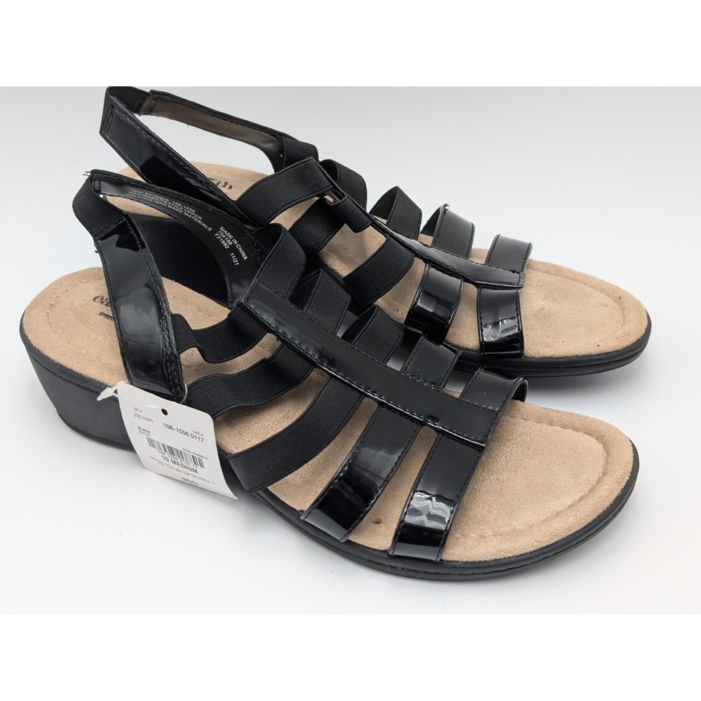 East 5th Sandals Womens 10 Black India Strappy Wedge Memory Foam Patent Elastic
